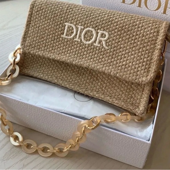Dior Handbags - Dior Beige Woven Straw Clutch with Gold Chain comes in box